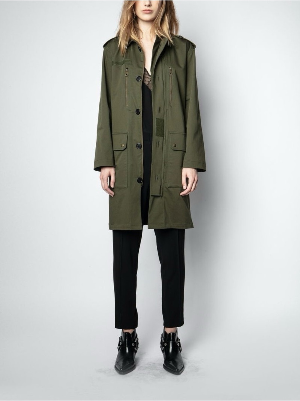 Zadig & Voltaire Mili Etoiles Cotton Military Parka Green Graphic Patchwork L